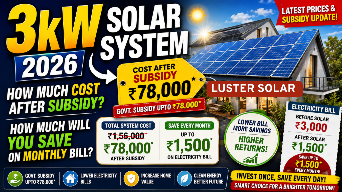 3kW Solar System in 2026 with subsidy and Monthly Electricity Bill